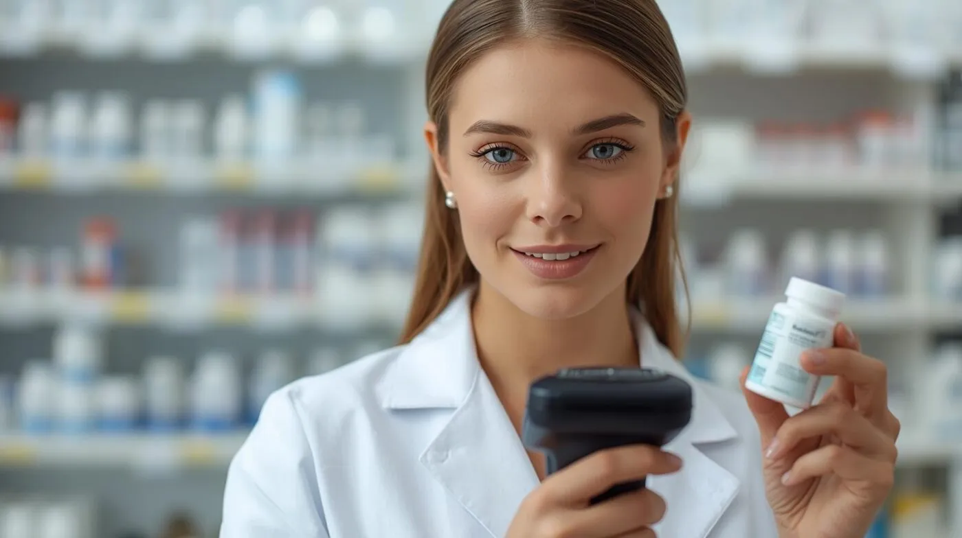 Una Bella Ragazza Farmacista Con Un Lettore Barcode Mentre Legge Codice Di Un Prodotto Farmaceutico
