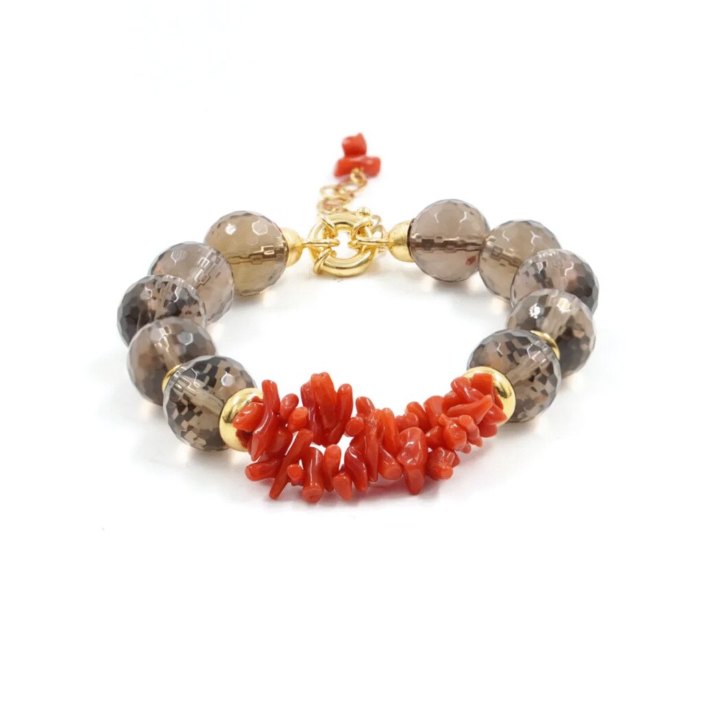 bracciale con quarzo fumé e corallo