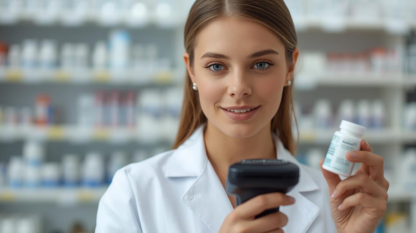 Una Bella Ragazza Farmacista Con Un Lettore Barcode Mentre Legge Codice Di Un Prodotto Farmaceutico