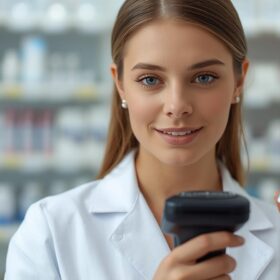 Una Bella Ragazza Farmacista Con Un Lettore Barcode Mentre Legge Codice Di Un Prodotto Farmaceutico